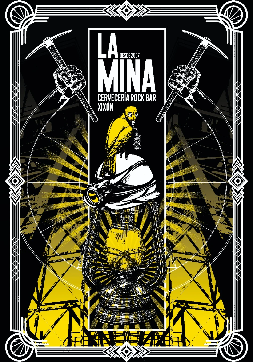 Cartel La Mina con lámpara minera